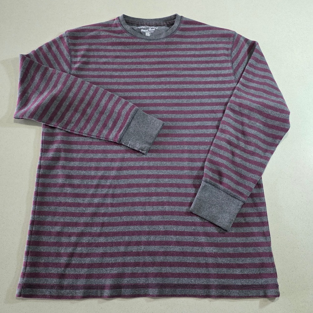 Cactus Mens XL Thermal Shirt Waffle Knit Striped Long Sleeve Grey Burgundy